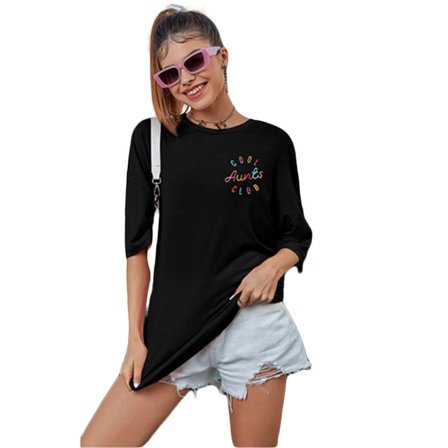 Kadın Baskılı T-Shirt Kısa Kol Bisiklet Yaka Oversize Rahat Kalıp Tişört - Siyah