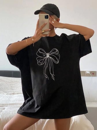 Kadın Fiyonk Baskılı T-Shirt Kısa Kol Bisiklet Yaka Oversize Tişört - Siyah