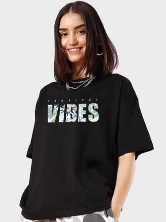 Kadın Kısa Kol Yazlık Tişört Bisiklet Yaka VIBES Baskılı T-Shirt - Siyah