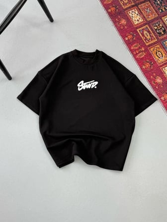 Erkek Kısa Kol Yazlık Tişört Bisiklet Yaka Baskılı Oversize T-Shirt - Siyah