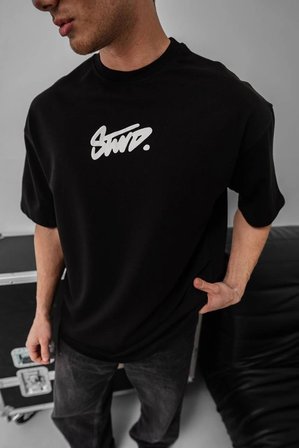 Erkek Kısa Kol Yazlık Tişört Bisiklet Yaka Baskılı Oversize T-Shirt - Siyah