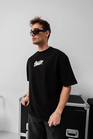 Erkek Kısa Kol Yazlık Tişört Bisiklet Yaka Baskılı Oversize T-Shirt - Siyah