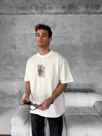 ERKEK Tişört Kısa kol Ön ve Arka Baskılı Oversize Bisiklet Yaka T-Shirt - Beyaz