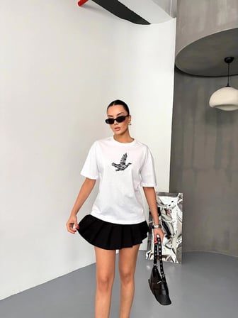 KADIN Baskılı T-Shirt Kısa Kol Bisiklet Yaka Regular Fit Yazlık Tişört - Beyaz
