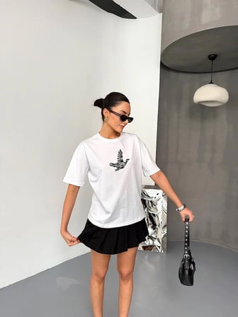 KADIN Baskılı T-Shirt Kısa Kol Bisiklet Yaka Regular Fit Yazlık Tişört - Beyaz