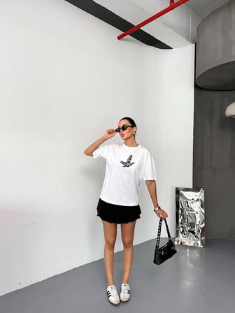 KADIN Baskılı T-Shirt Kısa Kol Bisiklet Yaka Regular Fit Yazlık Tişört - Beyaz