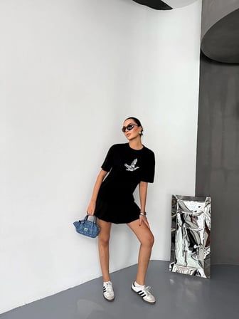 Kadın Kısa Kol Yazlık Tişört Bisiklet Yaka Baskılı Oversize T-Shirt - Siyah