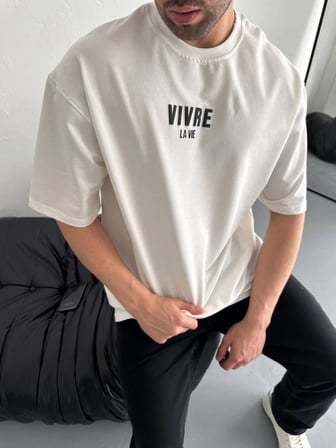 Erkek Ön ve Arka Baskılı T-Shirt Kısa Kol Bisiklet Yaka Regular Fit Tişört - Beyaz