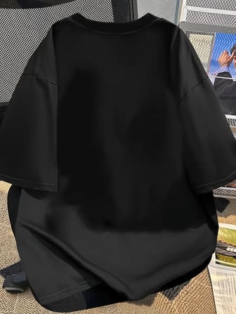 Kadın Kısa Kol Yazlık Tişört Bisiklet Yaka Baskılı Oversize T-Shirt - Siyah