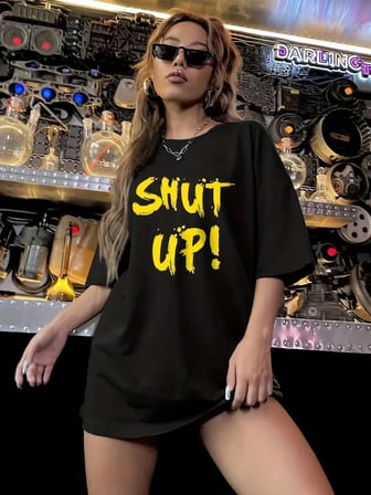 Kadın Tişört Shut up Baskılı Bisiklet Yaka Kısa Kol T-shirt - Siyah