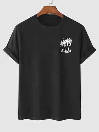 Erkek Tişört Palmiye Baskılı Bisiklet Yaka Kısa Kol Yazlık T-shirt - Siyah