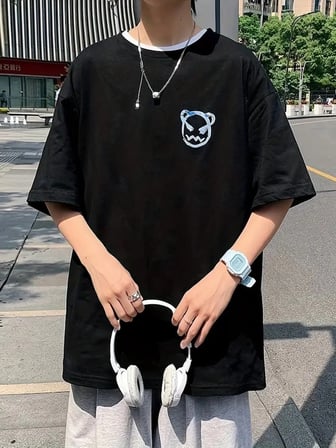 ERKEK  Tişört Bisiklet Yaka Kore tarzı baskı Kısa Kol t-shirt - Siyah