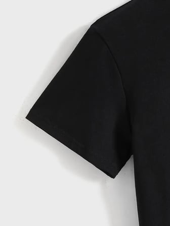 Kadın Baskılı Tişört Kısa Kol Bisiklet Yaka T-shirt - Siyah