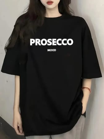 Kadın Kısa Kol Yazlık Tişört Bisiklet Yaka Baskılı Oversize T-Shirt - Siyah