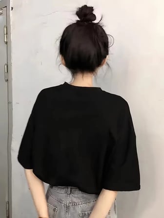 Kadın Kısa Kol Yazlık Tişört Bisiklet Yaka Baskılı Oversize T-Shirt - Siyah
