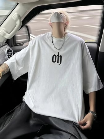 Erkek Kısa Kol Yazlık Tişört Bisiklet Yaka Baskılı Oversize T-Shirt - Beyaz