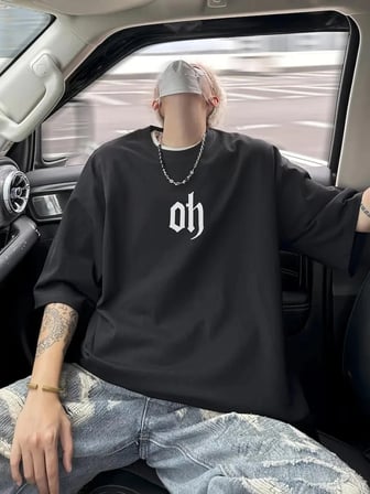 Erkek Kısa Kol Yazlık Tişört Bisiklet Yaka Baskılı Oversize T-Shirt - Siyah