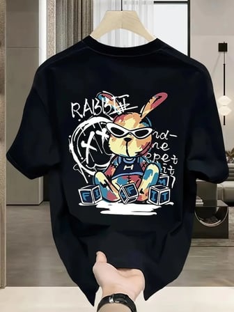 Erkek T-shirt Tavşan Baskılı Kısa Kollu Tişört - Siyah