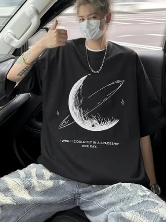 Erkek Baskılı Tişört Kısa Kol Bisiklet Yaka Oversize T-Shirt - - Siyah