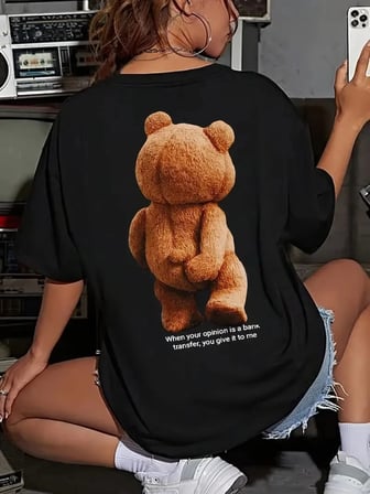 Kadın Tişört Büyük Boy Ayıcık Baskılı Bisiklet Kısa kol t-shirt - Siyah