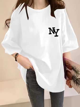 Kadın T-shirt Eğlenceli Harf NY Baskılı Bisiklet Yaka Tişört - Beyaz