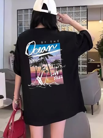 Kadın Kısa Kol Yazlık Tişört Bisiklet Yaka Okyanus Baskılı T-Shirt - Siyah