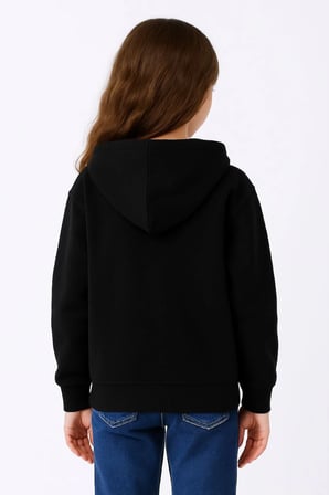 Kız Çocuk Kapüşonlu Kanguru Cepli Tam Fermuarlı Hırka Sweatshirt - Siyah