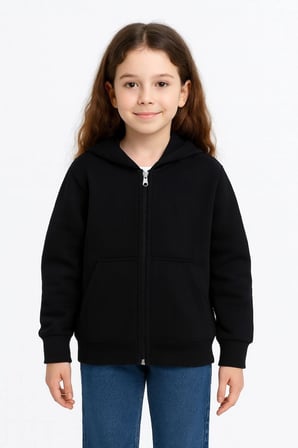 Kız Çocuk Kapüşonlu Kanguru Cepli Tam Fermuarlı Hırka Sweatshirt - Siyah