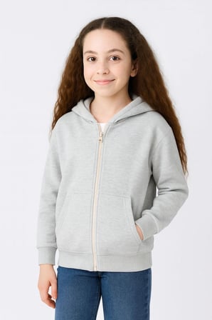 Kız Çocuk Kapüşonlu Kanguru Çepli Tam Fermuarlı Hırka SweatShirt - Gri