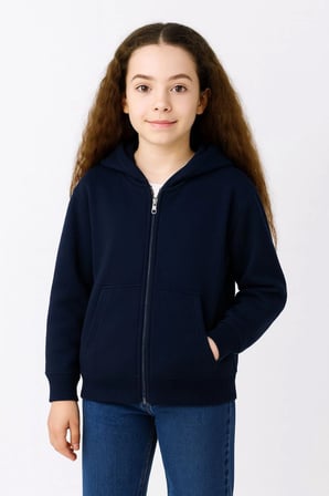 Kız Çocuk Kapüşonlu Kanguru Çepli Tam Fermuarlı Hırka SweatShirt - Lacivert