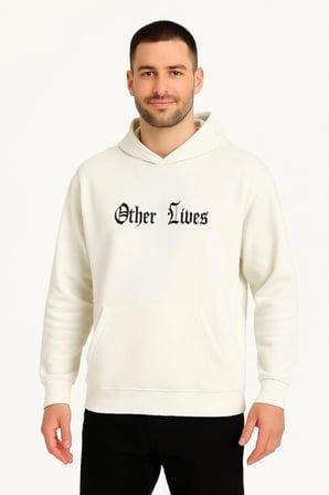 Erkek Kapüşonlu Kanguru Cepli Sweatshirt  İplik Pamuklu Baskılı Hoodie - Beyaz