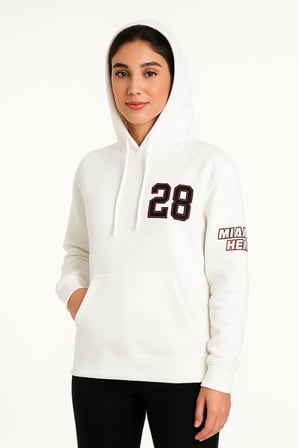 Kadın Kapüşonlu Kanguru Cepli Sweatshirt  İplik Pamuklu Baskılı Hoodie - Beyaz