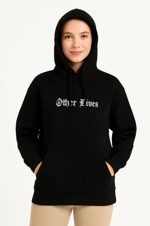 Kadın Kapüşonlu Kanguru Cepli Sweatshirt  İplik Pamuklu Baskılı Hoodie - Siyah