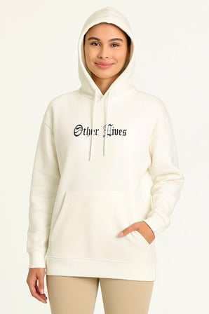 Kadın Kapüşonlu Kanguru Cepli Sweatshirt  İplik Pamuklu Baskılı Hoodie - Beyaz