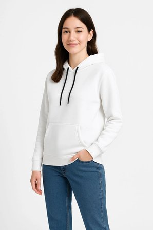 Kadın Kapüşonlu Kanguru Cepli  İplik Pamuklu Oversize Hoodie Sweatshirt - Beyaz