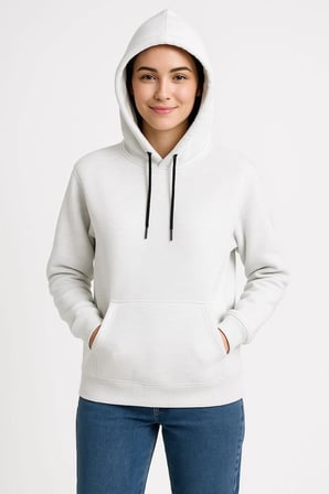 Kadın Kapüşonlu Kanguru Cepli  İplik Pamuklu Oversize Hoodie Sweatshirt - Beyaz