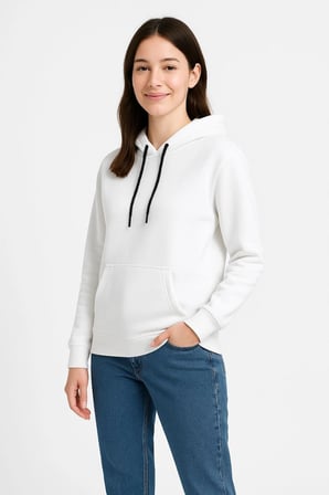 Kadın Kapüşonlu Kanguru Cepli  İplik Pamuklu Oversize Hoodie Sweatshirt - Beyaz