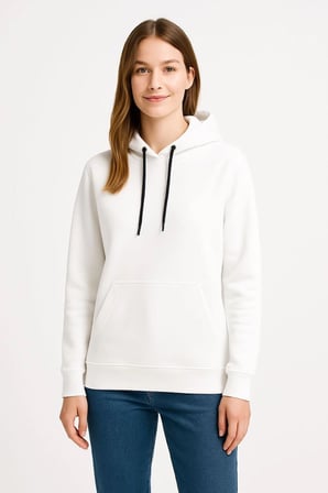 Kadın Kapüşonlu Kanguru Cepli  İplik Pamuklu Oversize Hoodie Sweatshirt - Beyaz