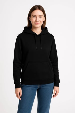 Kadın  İplik Pamuklu Kapüşonlu Kanguru Cepli Sweatshirt hoodie - Siyah