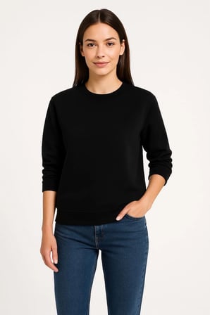 Kadın  İplik Pamuklu Düz Bisiklet Yaka SweatShirt - Siyah