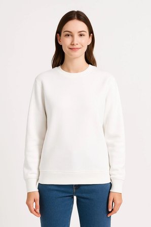 Kadın  İplik Pamuklu Düz Bisiklet Yaka SweatShirt - Beyaz