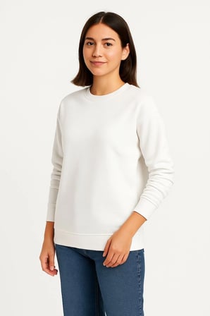 Kadın  İplik Pamuklu Düz Bisiklet Yaka SweatShirt - Beyaz