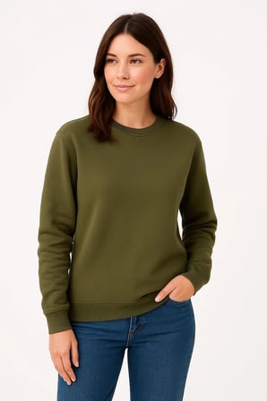 Kadın  İplik Pamuklu Düz Bisiklet Yaka SweatShirt - Haki