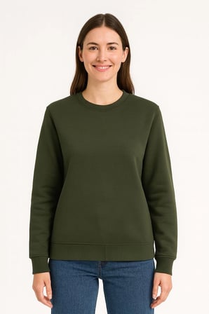 Kadın  İplik Pamuklu Düz Bisiklet Yaka SweatShirt - Haki