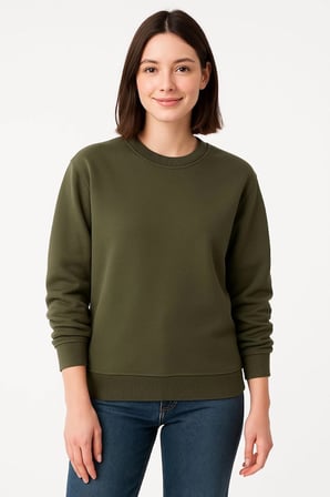 Kadın  İplik Pamuklu Düz Bisiklet Yaka SweatShirt - Haki