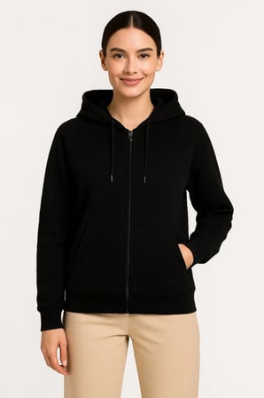 Kadın  İplik Kapüşonlu Tam Fermuarlı Kanguru Cepli Sweatshirt Hoodie - Siyah