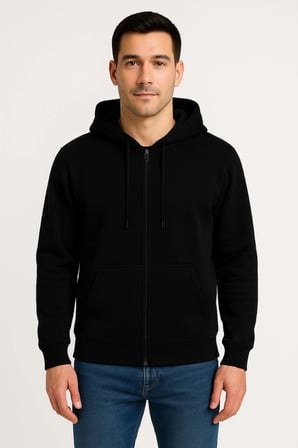 Erkek  İplik Pamuklu Kapüşonlu Tam Fermuarlı Cepli Hoodie Sweatshirt - Siyah