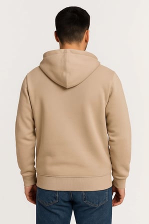 Erkek  İplik Pamuklu Kapüşonlu Tam Fermuarlı Cepli Hoodie Sweatshirt - Bej