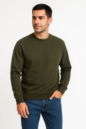 Erkek  İplik Pamuklu Düz Bisiklet Yaka SweatShirt - Haki