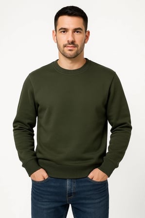 Erkek  İplik Pamuklu Düz Bisiklet Yaka SweatShirt - Haki